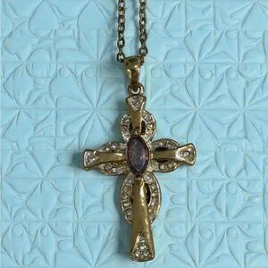 Amethyst and Crystal Gold Cross Pendant Necklace